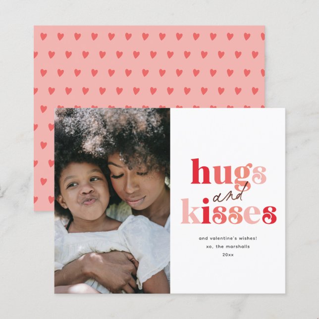 Hugs och Kisses budgetkort för fotoValentindagen (Fram/baksida)
