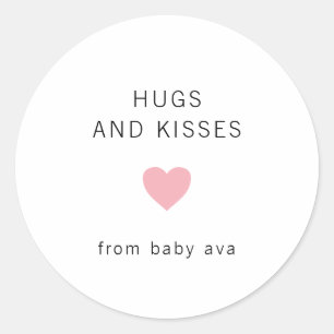 Hugs och Kisses Cute Rosa Heart Girl Baby Shower Runt Klistermärke