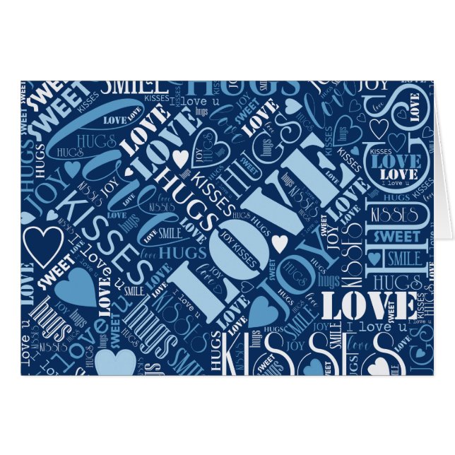 Hugs och Kisses Ord Cloud Blue ID286 Hälsningskort (Framsidan Horizontal)
