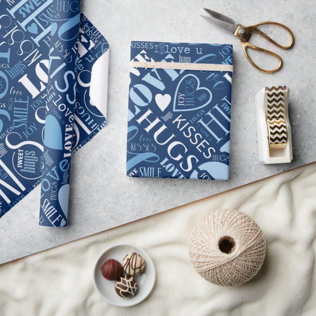 Hugs och Kisses Ord Cloud Blue ID286 Presentpapper (Hantverk)