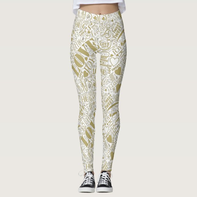 Hugs och Kisses Ord Cloud Guld ID286 Leggings (Framsida)