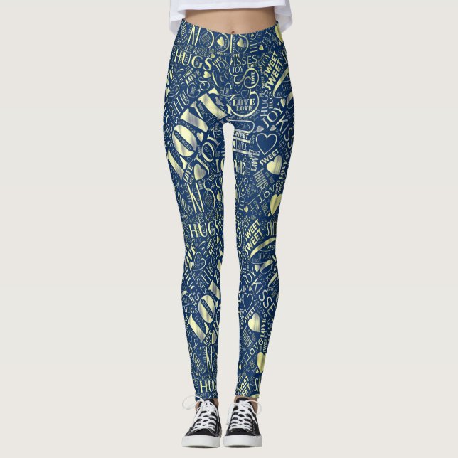Hugs och Kisses Ord Cloud Retro Blue ID286 Leggings (Framsida)