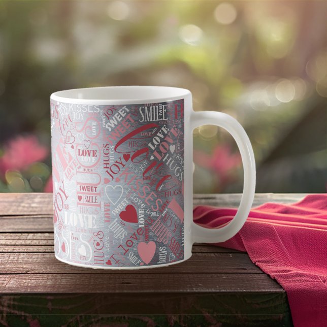 Hugs och Kisses Ord Cloud Rosa/Silver ID286 Kaffemugg (Skapare uppladdad)
