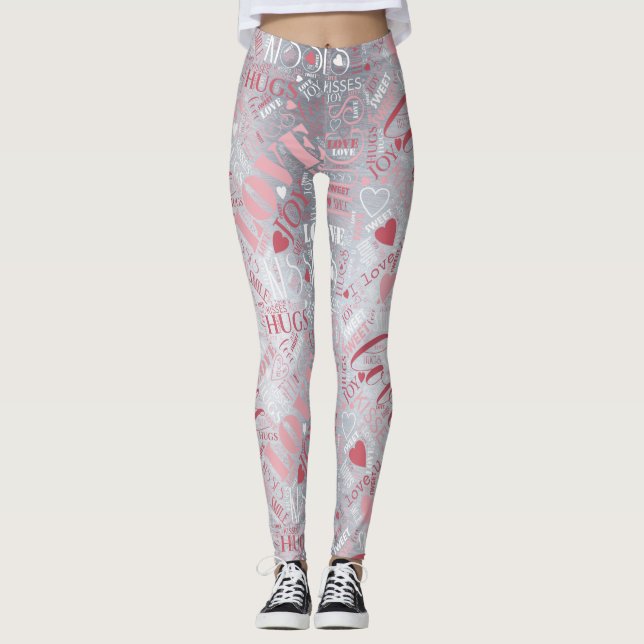 Hugs och Kisses Ord Cloud Rosa/Silver ID286 Leggings (Framsida)