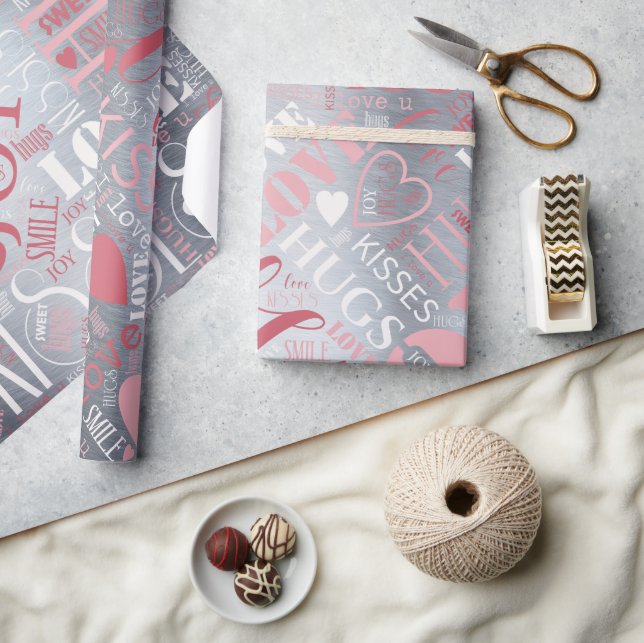 Hugs och Kisses Ord Cloud Rosa/Silver ID286 Presentpapper (Hantverk)