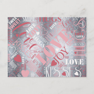 Hugs och Kisses Ord Cloud Rosa/Silver ID286 Vykort