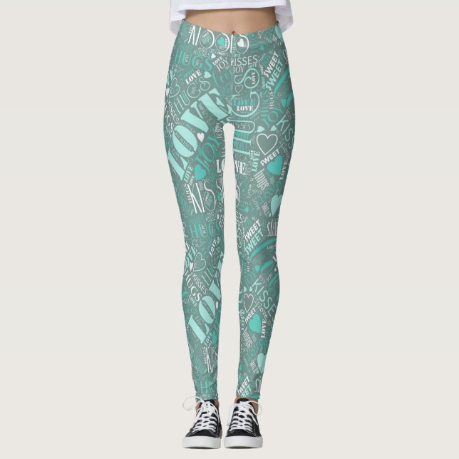 Hugs och Kisses Ord Cloud Teal ID286 Leggings (Framsida)