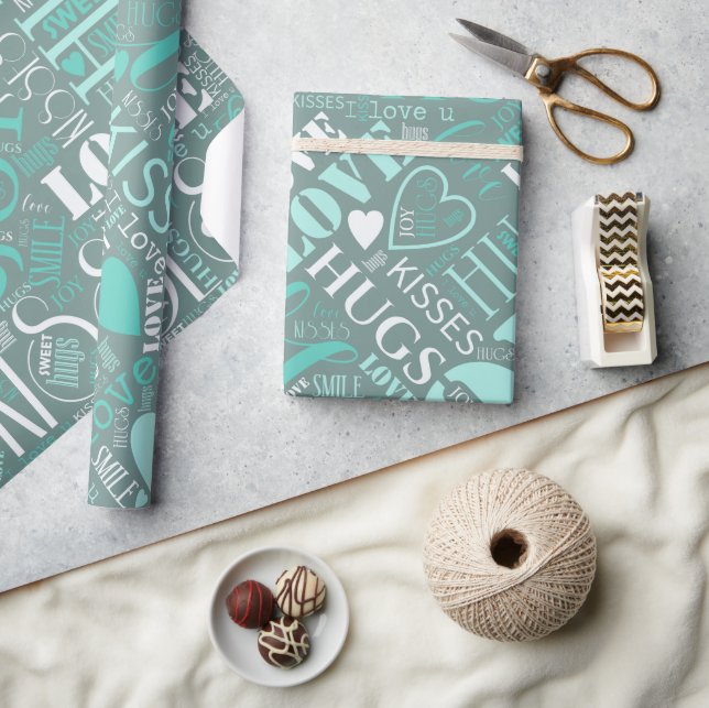 Hugs och Kisses Ord Cloud Teal ID286 Presentpapper (Hantverk)