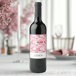 Hugs och Kisses Rosa Red Galentine XOXO Girlkompis Vinflaska Etikett