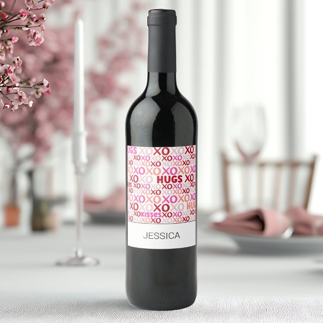 Hugs och Kisses Rosa Red Galentine XOXO Girlkompis Vinflaska Etikett (Hugs and Kisses Pink Red Galentine XOXO Girlfriend Wine Label)