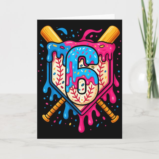 Hugvyn 6th Birthday Baseball Ice Cream Drip Number Kort (Framsida)