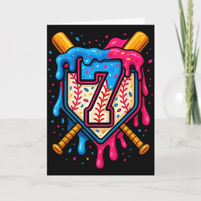 Hugvyn 7th Birthday Baseball Ice Cream Drip Number Kort (Framsida)