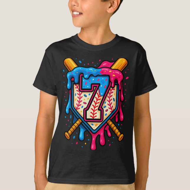 Hugvyn 7th Birthday Baseball Ice Cream Drip Number T Shirt (Framsida)