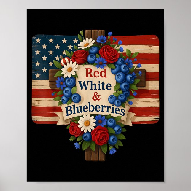Hugvyn God Bless Blueberries America Floral Patrio Poster (Framsidan)