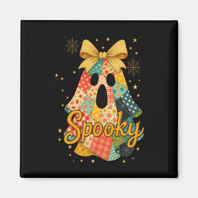 Hugvyn Halloween Patchwork Spooky Ghost Bow Preppy Magnet (Framsidan)