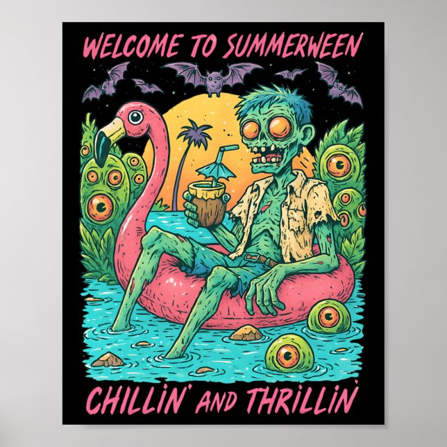 Hugvyn Halloween Summerween Zombie Flyter Flamingo Poster (Framsidan)