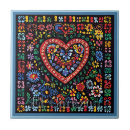 Huichol Loteria Ceramic Tile: El Corazon Tile Kakelplatta