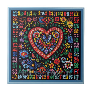 Huichol Loteria Ceramic Tile: El Corazon Tile Kakelplatta