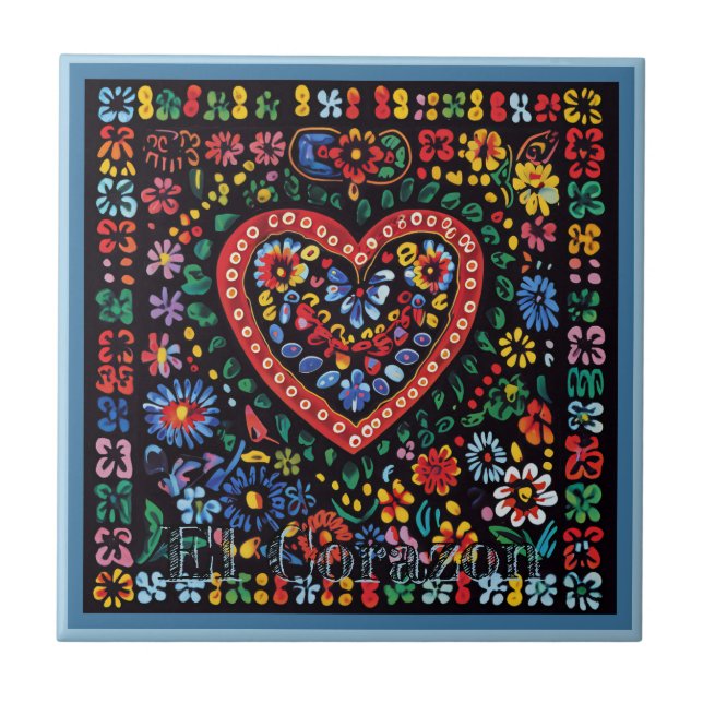 Huichol Loteria Ceramic Tile: El Corazon Tile Kakelplatta (Framsidan)