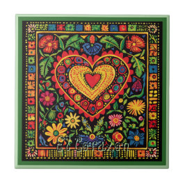 Huichol Loteria Ceramic Tile: El Corazon Tile Kakelplatta