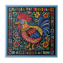 Huichol Loteria Ceramic Tile: El Gallo Tile Kakelplatta