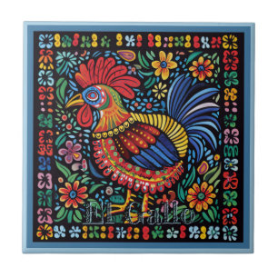 Huichol Loteria Ceramic Tile: El Gallo Tile Kakelplatta
