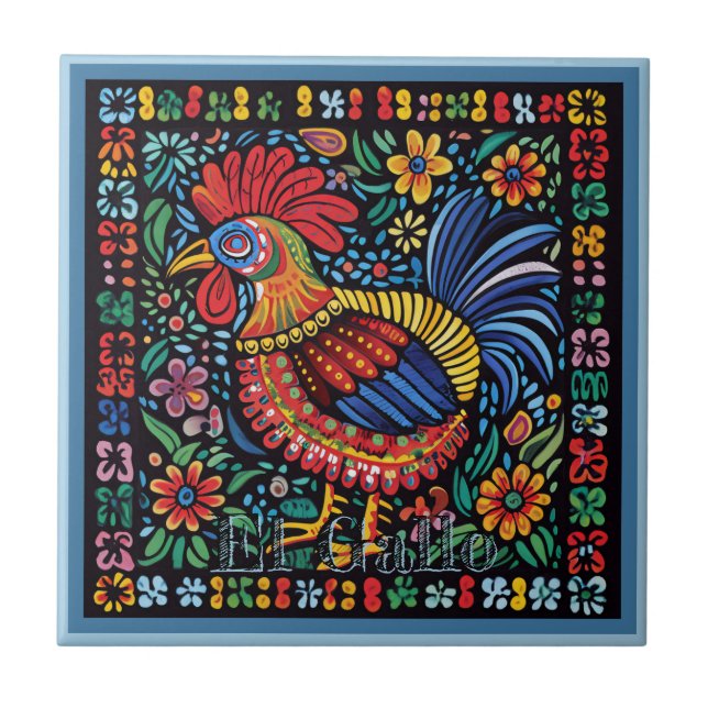 Huichol Loteria Ceramic Tile: El Gallo Tile Kakelplatta (Framsidan)