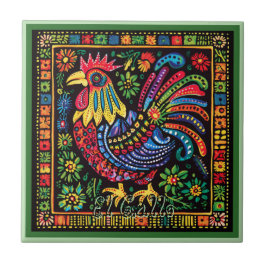 Huichol Loteria Ceramic Tile: El Gallo Tile Kakelplatta