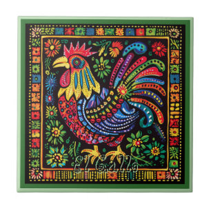 Huichol Loteria Ceramic Tile: El Gallo Tile Kakelplatta