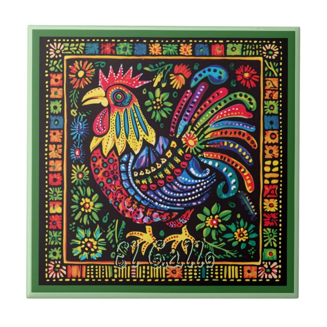 Huichol Loteria Ceramic Tile: El Gallo Tile Kakelplatta (Framsidan)