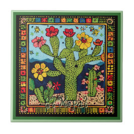 Huichol Loteria Ceramic Tile:El Nopal Ceramic Tile Kakelplatta