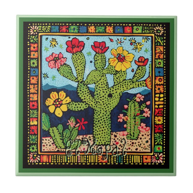 Huichol Loteria Ceramic Tile:El Nopal Ceramic Tile Kakelplatta (Framsidan)