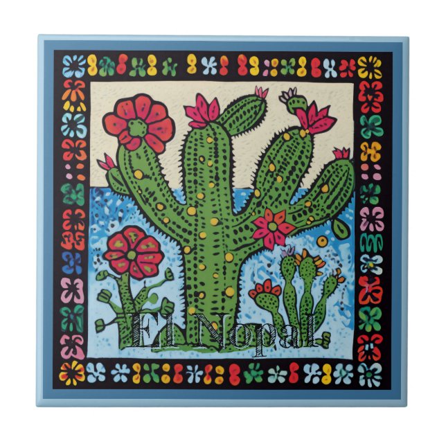 Huichol Loteria Ceramic Tile:El Nopal Ceramic Tile Kakelplatta (Framsidan)