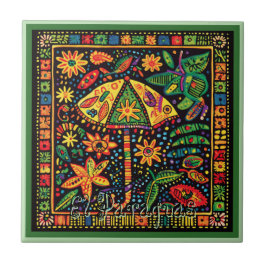 Huichol Loteria Ceramic Tile: El Paraguas Tile Kakelplatta