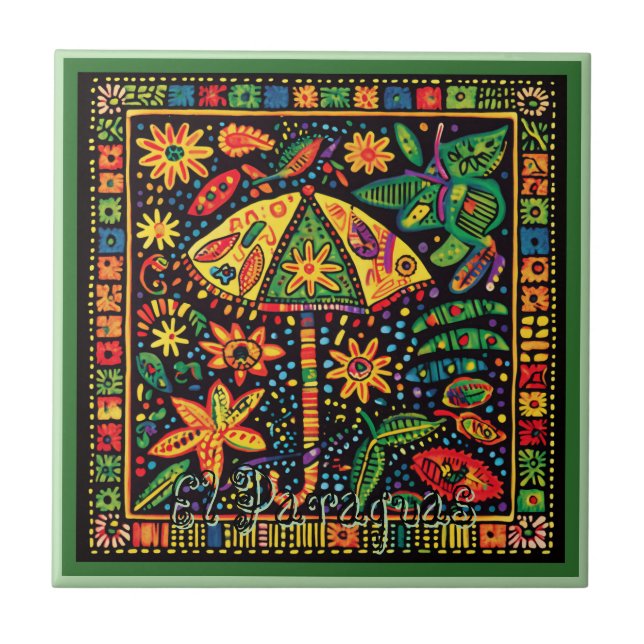 Huichol Loteria Ceramic Tile: El Paraguas Tile Kakelplatta (Framsidan)