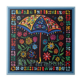 Huichol Loteria Ceramic Tile: El Paraguas Tile Kakelplatta