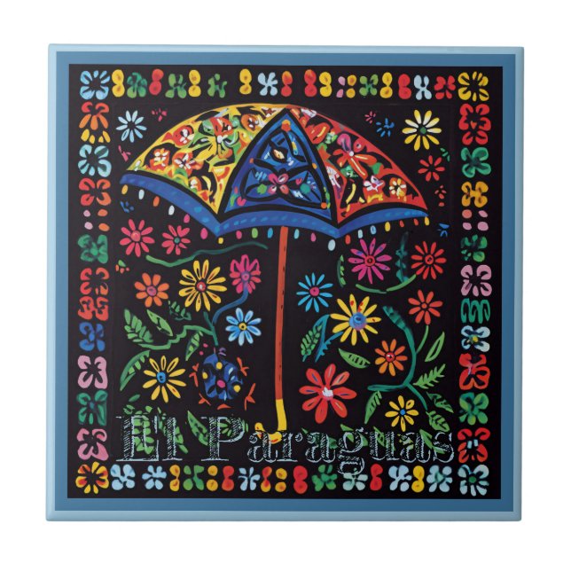 Huichol Loteria Ceramic Tile: El Paraguas Tile Kakelplatta (Framsidan)