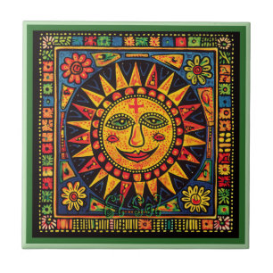 Huichol Loteria Ceramic Tile: El Sol Ceramic Kakelplatta