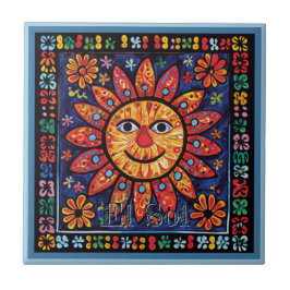 Huichol Loteria Ceramic Tile: El Sol Ceramic Tile Kakelplatta