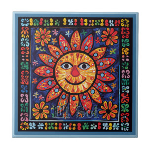 Huichol Loteria Ceramic Tile: El Sol Ceramic Tile Kakelplatta