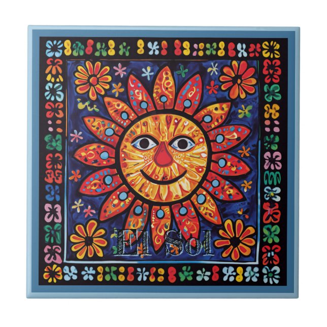 Huichol Loteria Ceramic Tile: El Sol Ceramic Tile Kakelplatta (Framsidan)