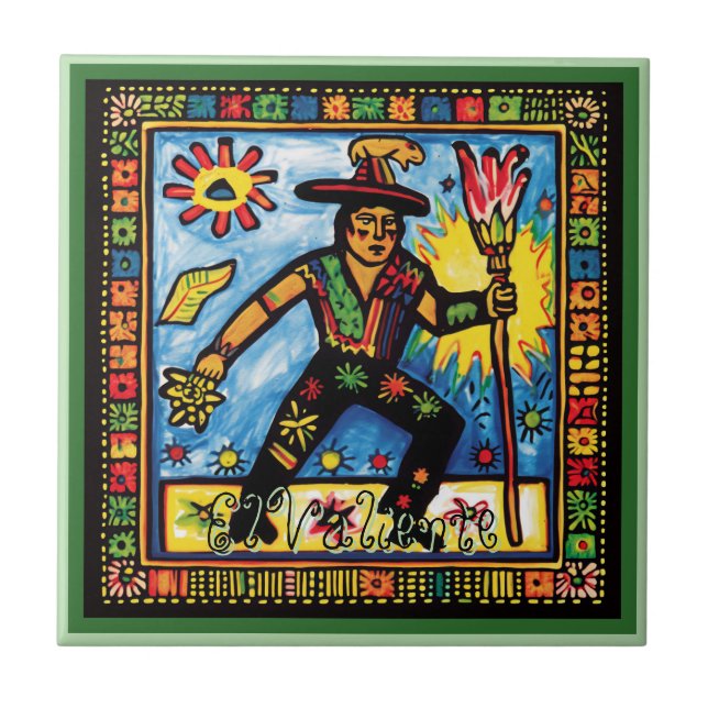 Huichol Loteria Ceramic Tile: El Valiente Ceramic Kakelplatta (Framsidan)