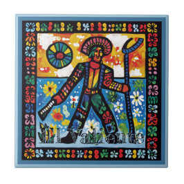 Huichol Loteria Ceramic Tile: El Valiente Kakelplatta