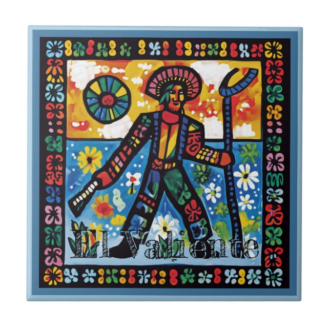 Huichol Loteria Ceramic Tile: El Valiente Kakelplatta (Framsidan)