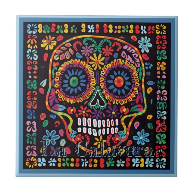 Huichol Loteria Ceramic Tile:La Calavera Tile Kakelplatta (Framsidan)