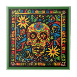 Huichol Loteria Ceramic Tile: La Calavera Tile Kakelplatta