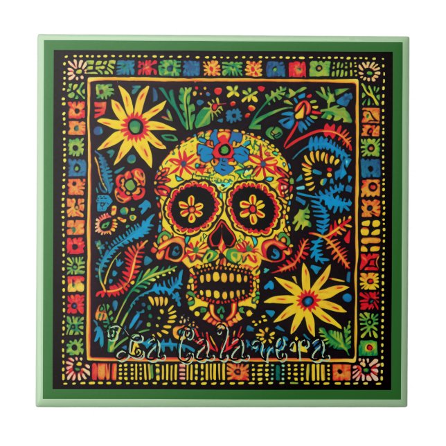 Huichol Loteria Ceramic Tile: La Calavera Tile Kakelplatta (Framsidan)