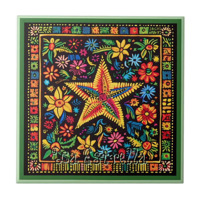 Huichol Loteria Ceramic Tile: La Estrella Tile Kakelplatta (Framsidan)