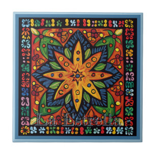 Huichol Loteria Ceramic Tile: La Estrella Tile Kakelplatta