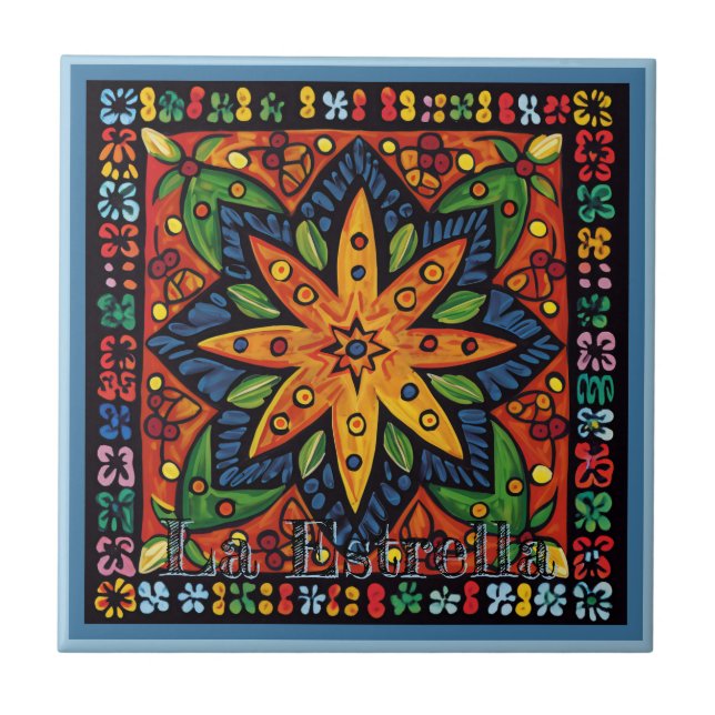 Huichol Loteria Ceramic Tile: La Estrella Tile Kakelplatta (Framsidan)